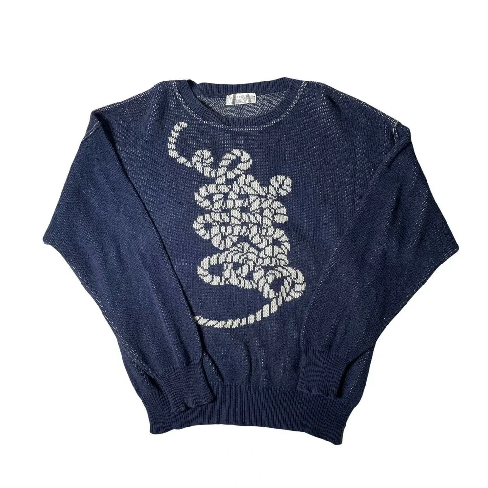 Vintage Andrea Fenzi Italy Men’s Crew Neck Pullover Sweater Blue Rope Sz‎ L 50
